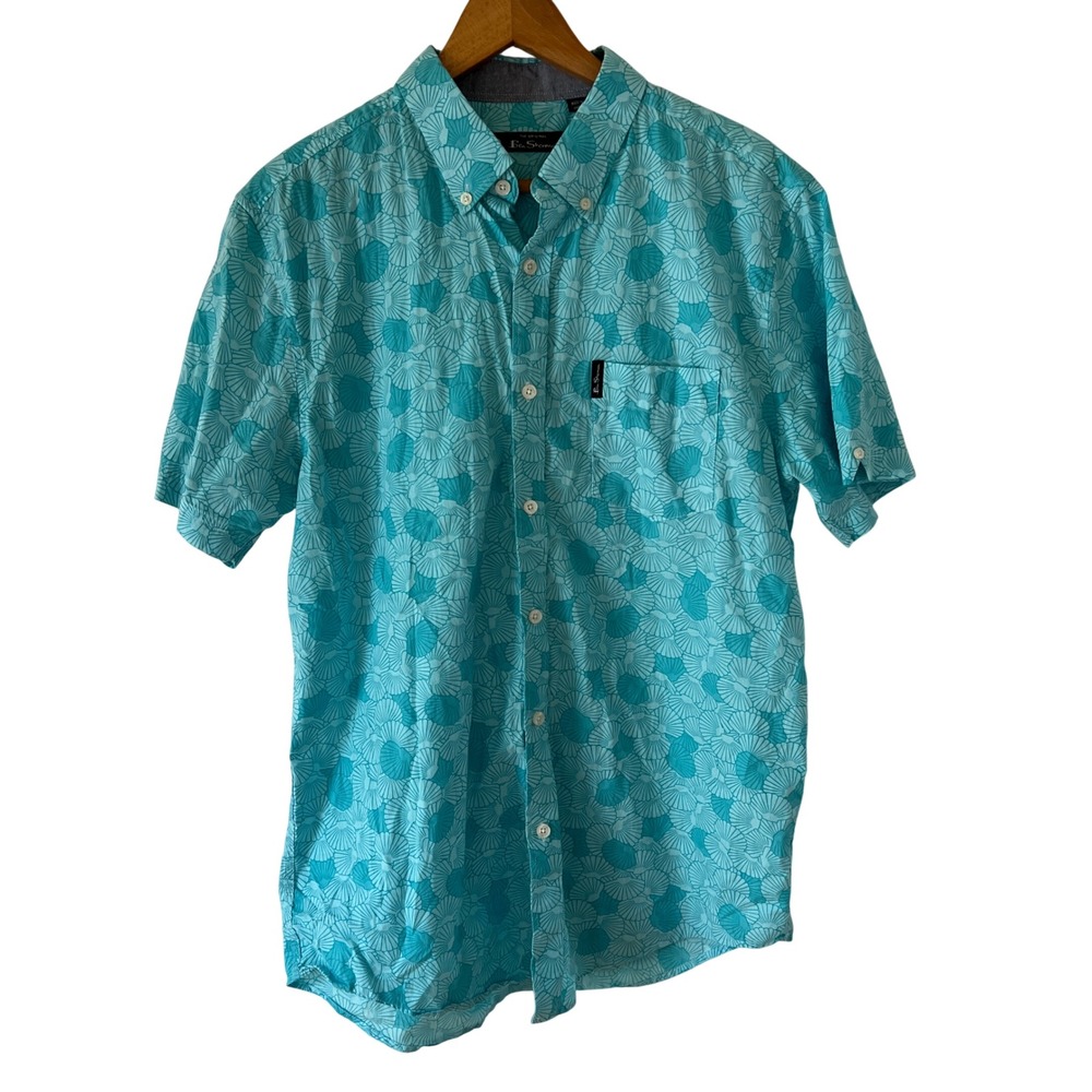 Ben Sherman Mens Button Down Shirt Large Turquoise Seashell Print Cotton Coastal